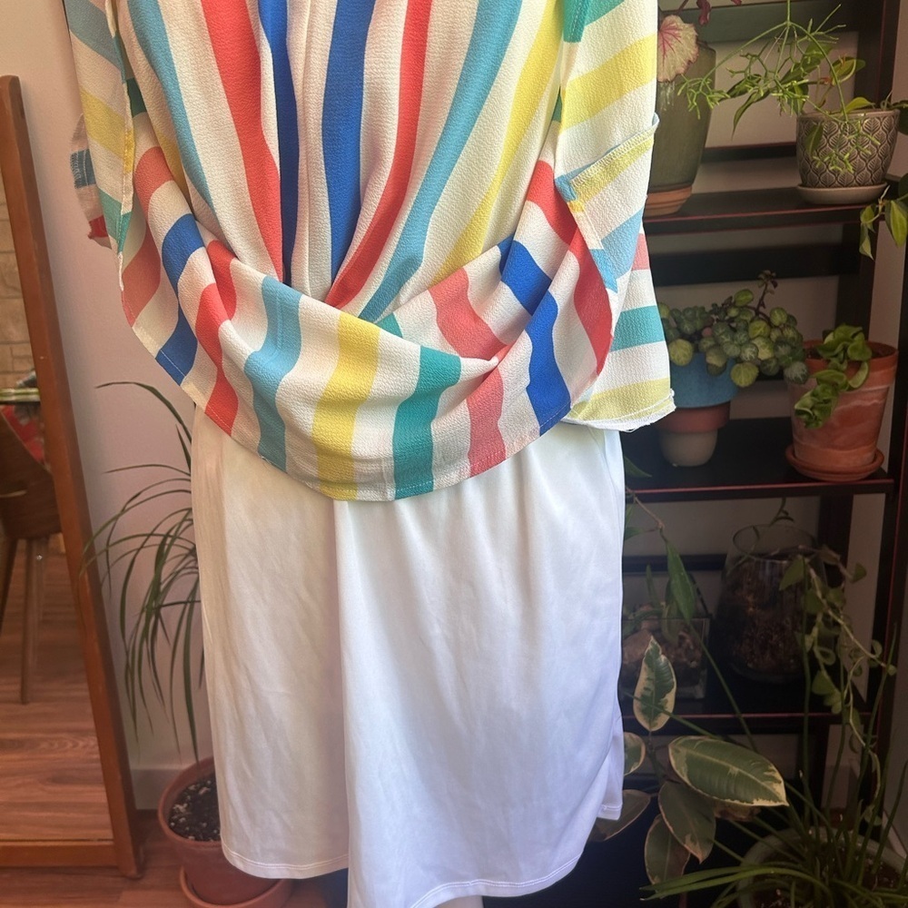 Striped V-Neck Multi Colored Mini Dress with Lining, Tie and Two Pockets Large - Picture 5 of 8